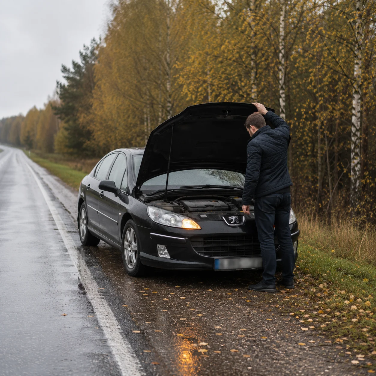 Kierowca zaglądający pod maskę Peugeota 407 stojącego na poboczu mokrej drogi