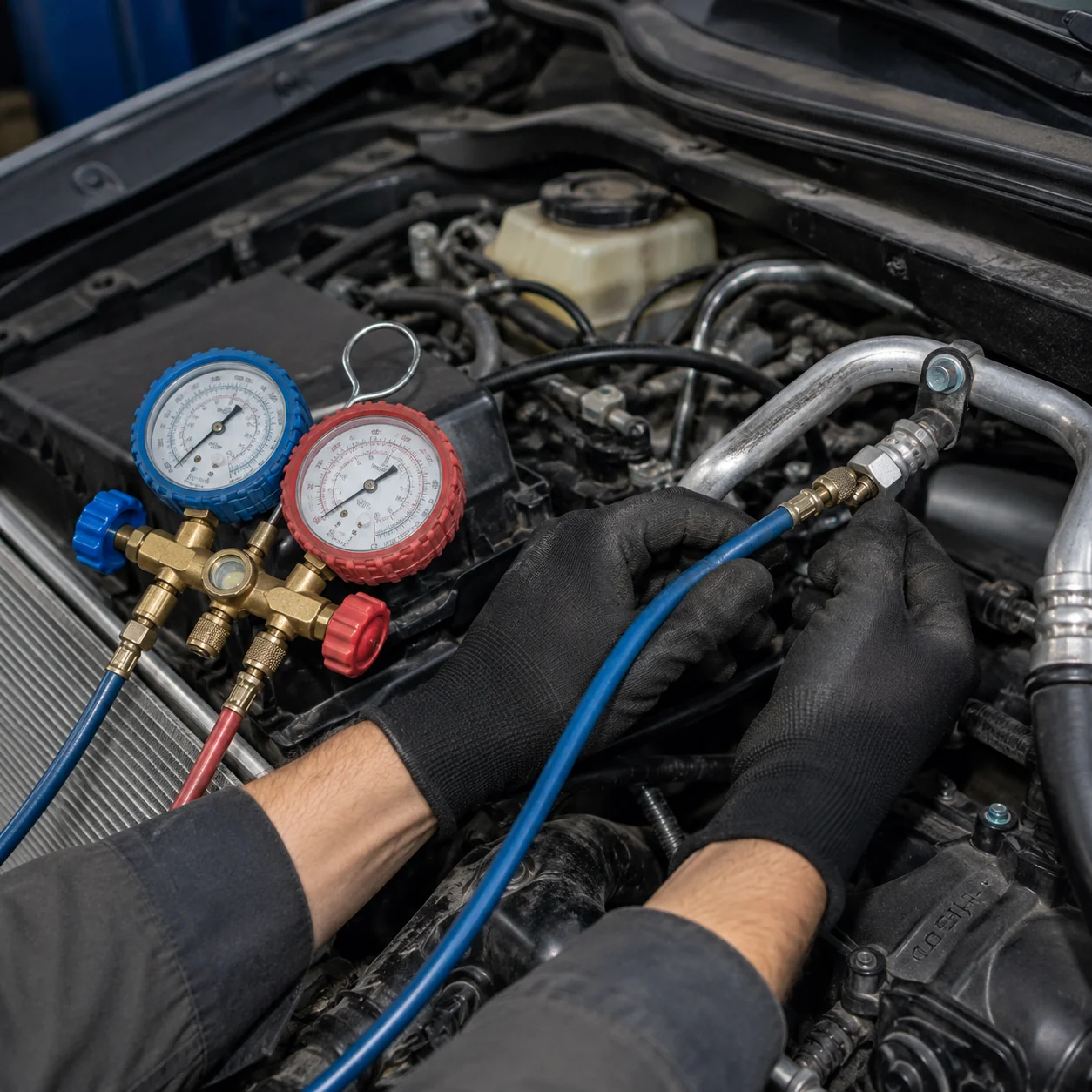 Manometry klimatyzacji podłączone przez mechanika do przewodów w komorze silnika.