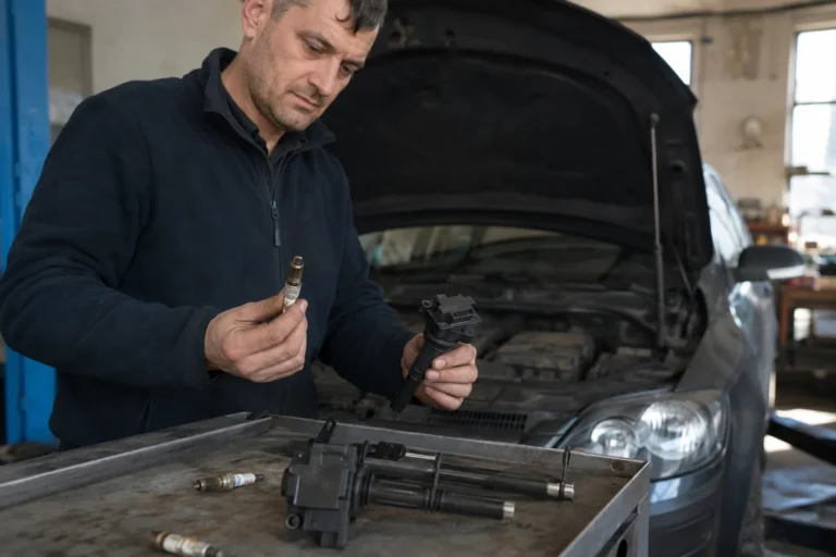 Mechanik sprawdza świece i cewkę, gdy auto szarpie przy stałej prędkości
