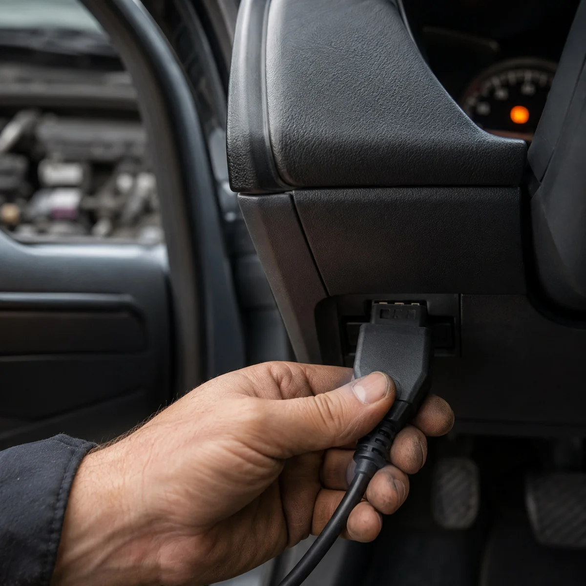 Podłączanie interfejsu OBD podczas diagnostyki trybu awaryjnego silnika.