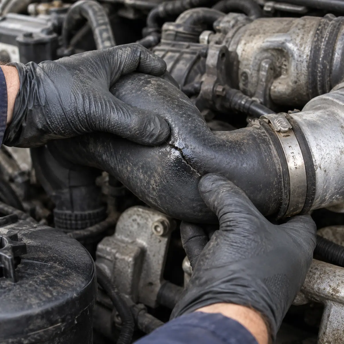 Mechanik pokazujący pęknięcie przewodu doładowania w silniku Diesla