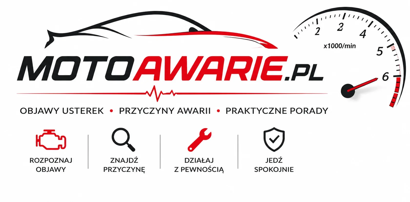 Logo MotoAwarie.pl z sylwetką samochodu i obrotomierzem na białym tle