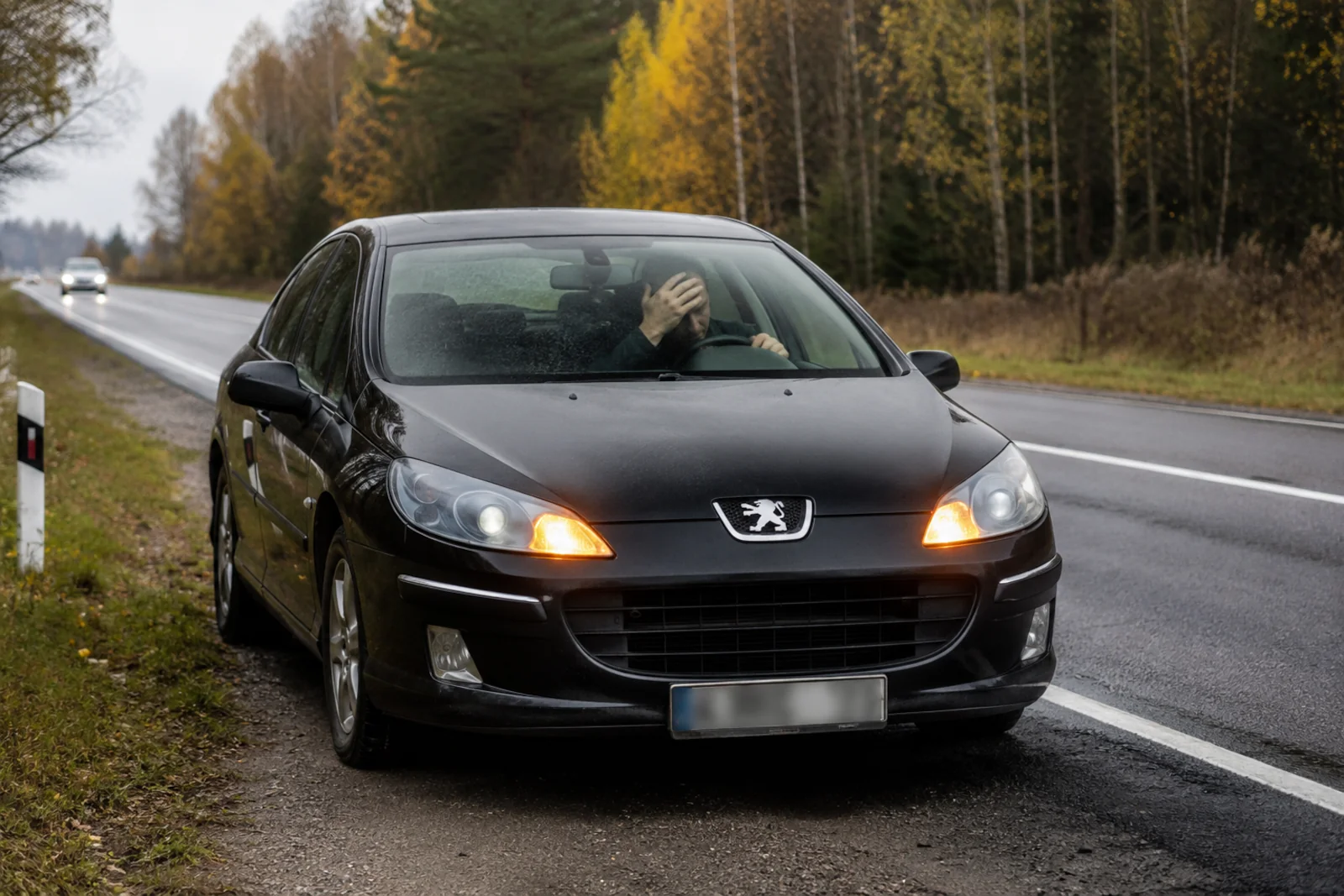 Peugeot 407 stojący na poboczu z włączonymi światłami awaryjnymi i poirytowanym kierowcą w środku