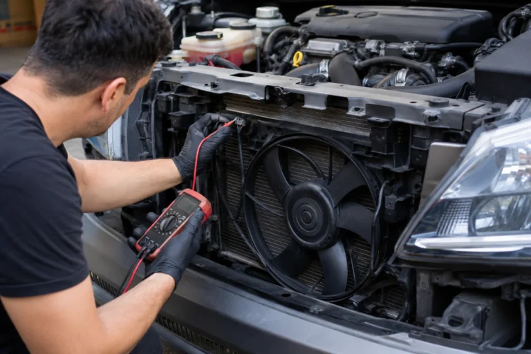 Mechanik sprawdza miernikiem wentylator chłodnicy w samochodzie