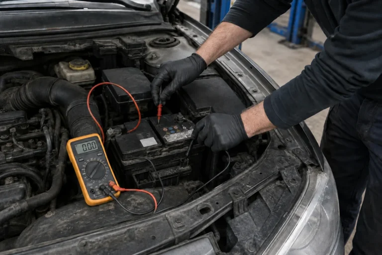 Mechanik sprawdza miernikiem napięcie akumulatora przy podejrzeniu, że alternator nie ładuje.