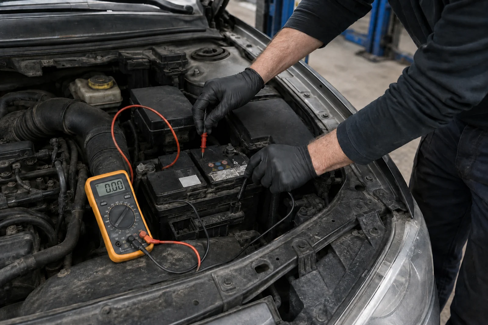 Mechanik sprawdza miernikiem napięcie akumulatora przy podejrzeniu, że alternator nie ładuje.