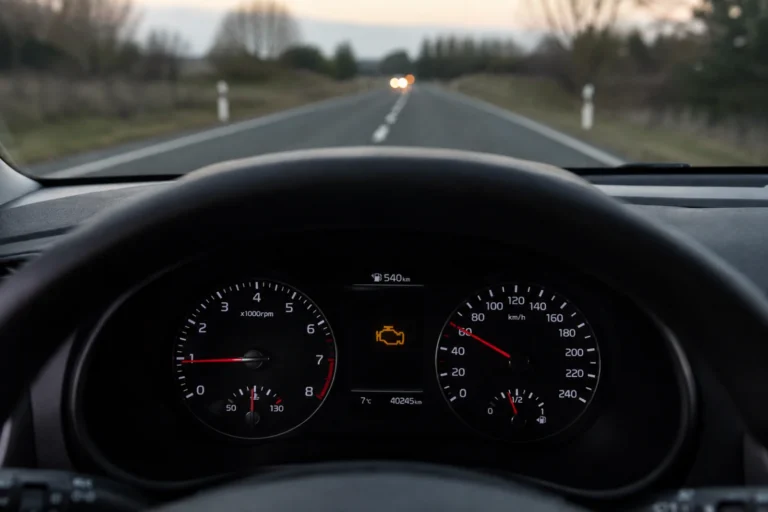 Kontrolka check engine na desce rozdzielczej samochodu podczas jazdy drogą
