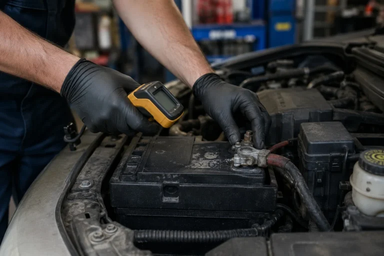 Mechanik sprawdza temperaturę klemy grzejącej się przy rozruchu