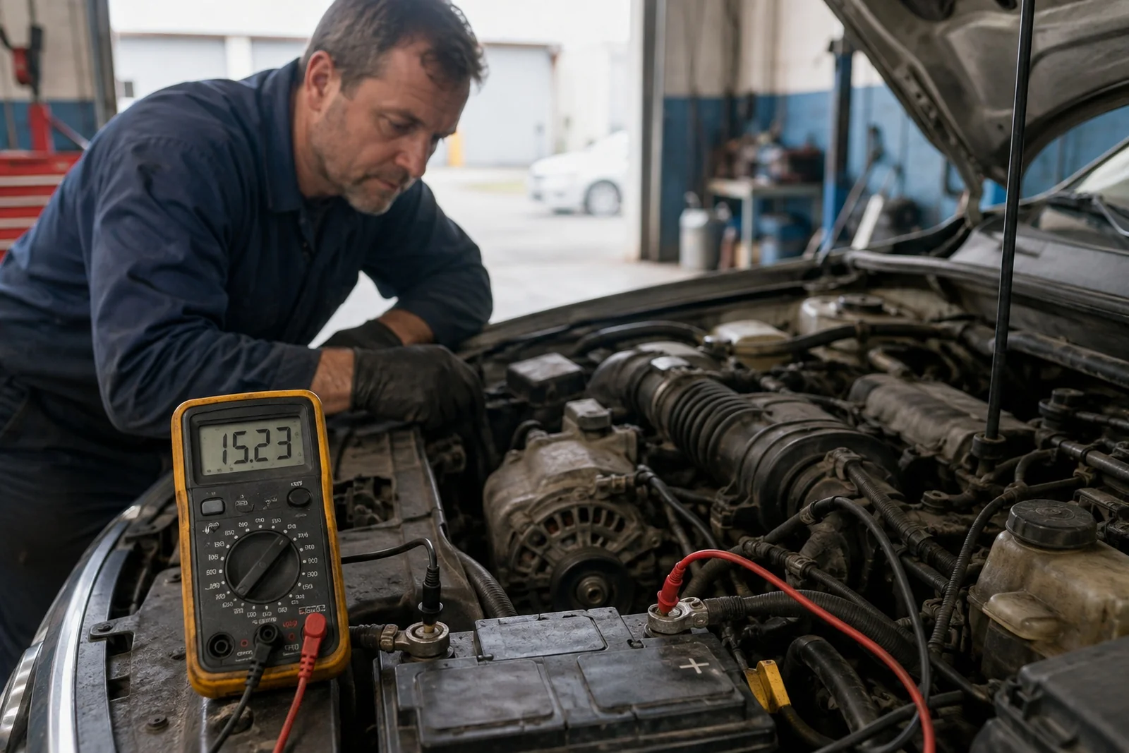Mechanik sprawdza ładowanie ponad 15 V na akumulatorze