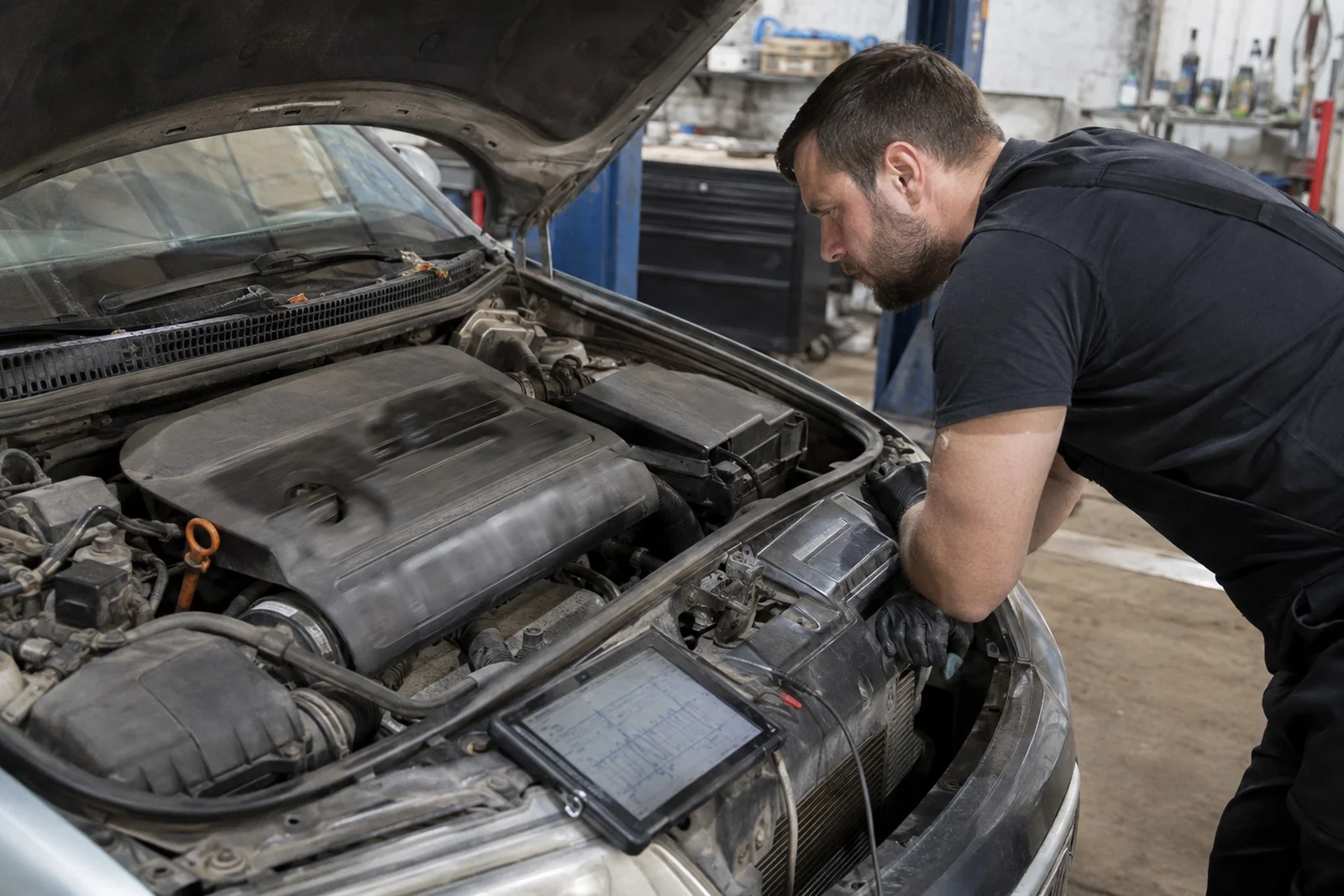 Mechanik diagnozuje silnik drżący na biegu jałowym
