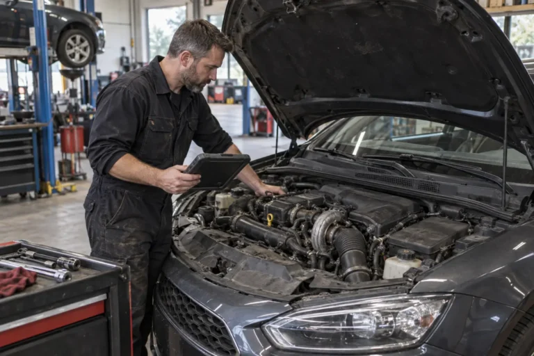 Mechanik diagnozujący silnik z testerem przed wymianą turbiny