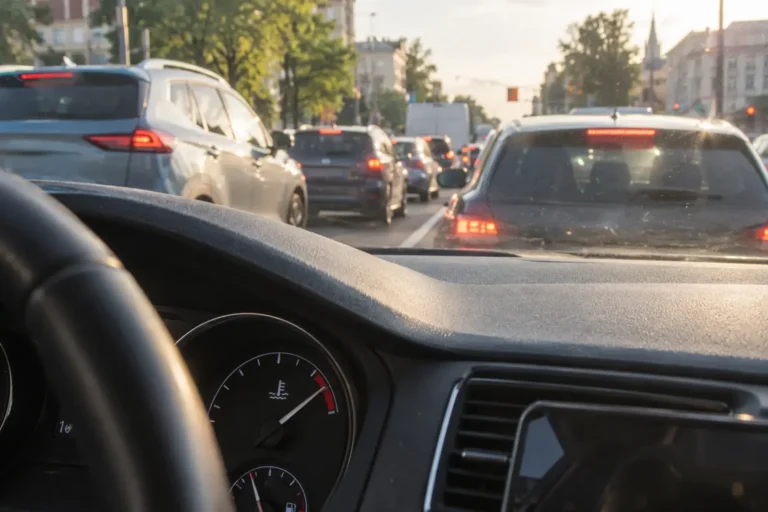Wskaźnik temperatury silnika ponad normalnym położeniem podczas postoju w miejskim korku
