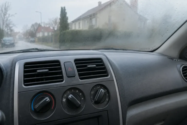 Kratki nawiewu i panel ogrzewania przy zaparowanej przedniej szybie samochodu