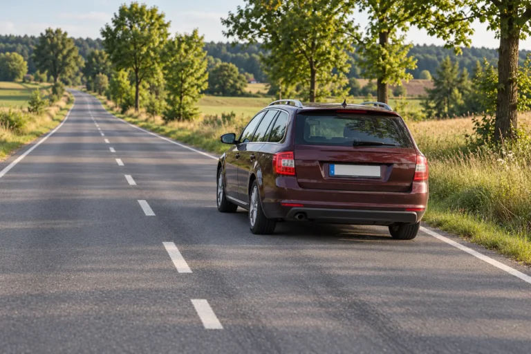 Bordowy samochód kombi podczas jazdy prostą asfaltową drogą, widok od tyłu.