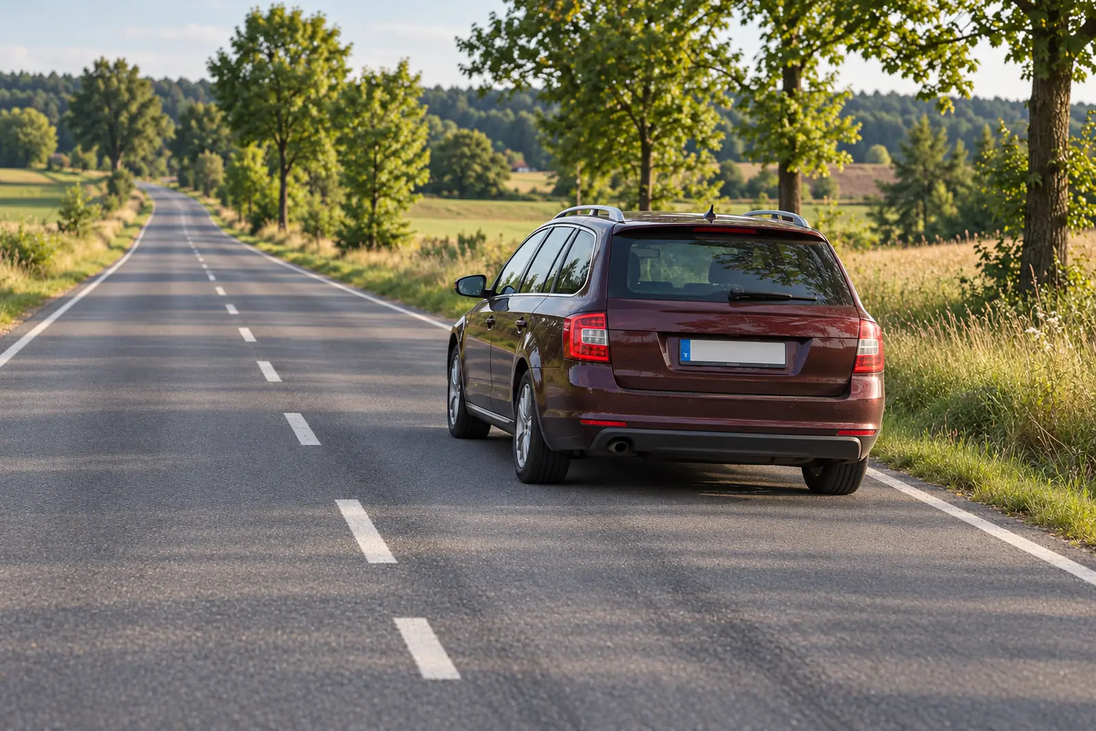 Bordowy samochód kombi podczas jazdy prostą asfaltową drogą, widok od tyłu.
