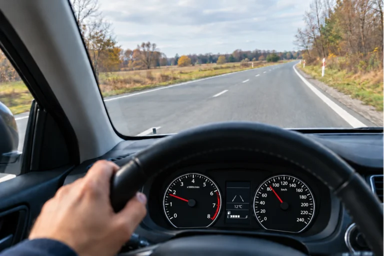 Widok z kabiny samochodu na drogę podczas jazdy, kierowca trzyma kierownicę i koryguje tor auta.