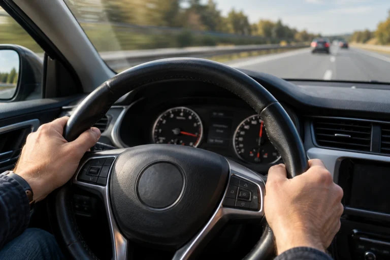 Kierowca trzymający kierownicę podczas jazdy samochodem po autostradzie.